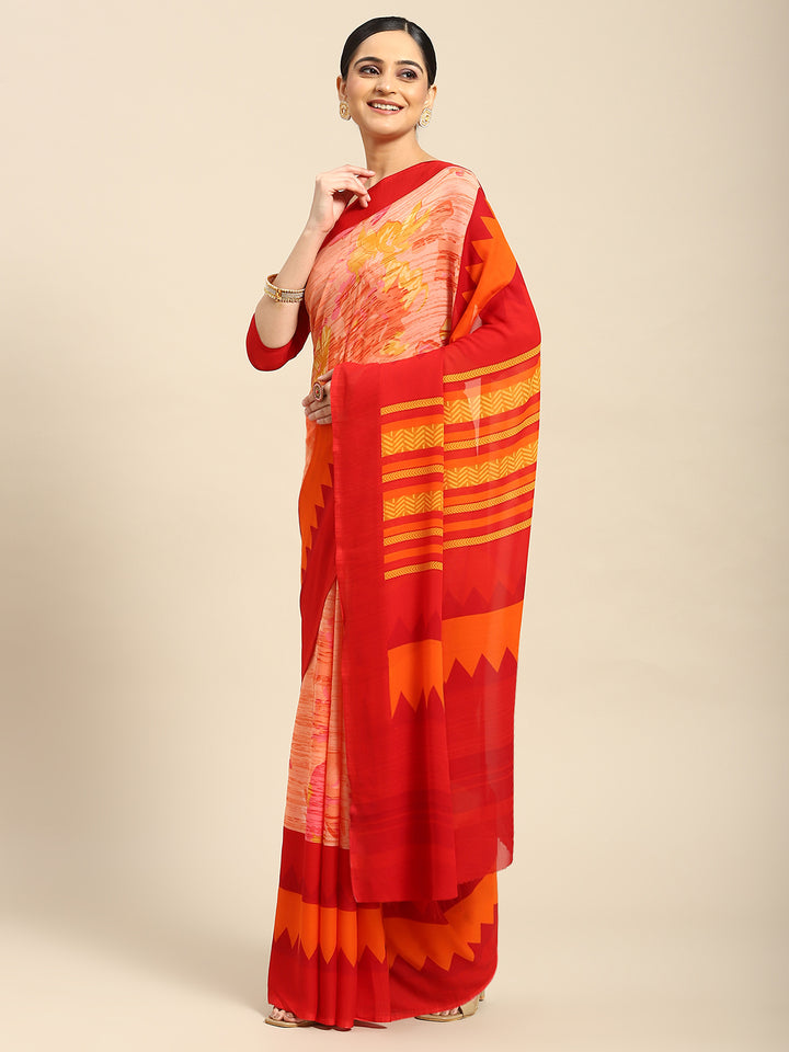 Orange Georgette Printed Classy Saree