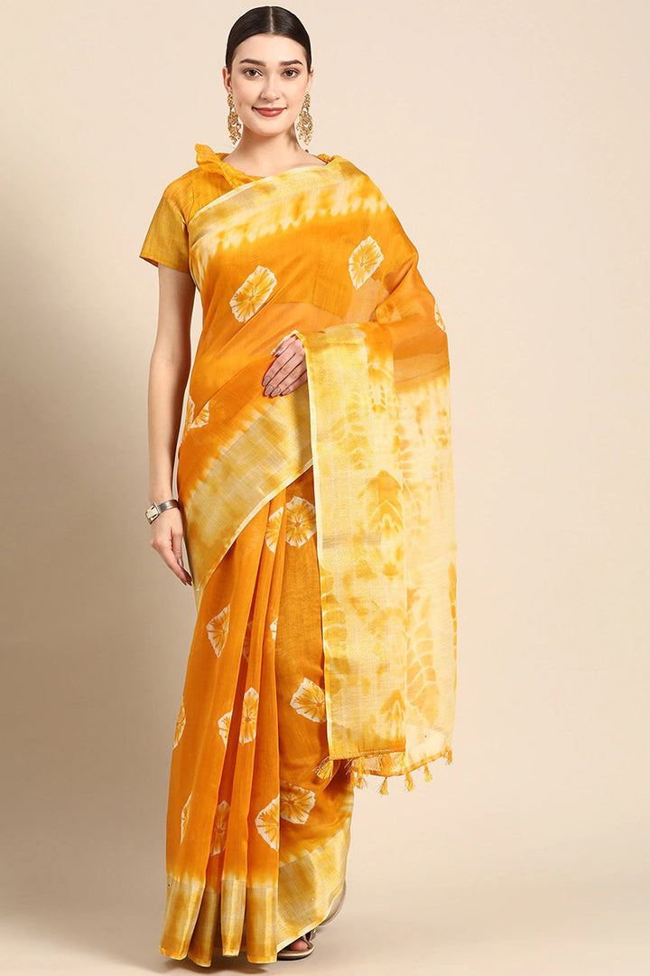 Yellow Cotton Blend Dyed Classy Saree