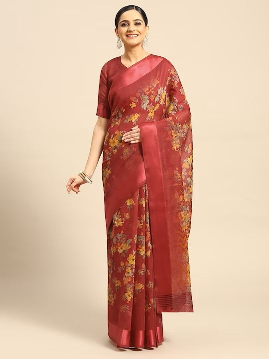 Red Cotton Blend Printed Classy Saree