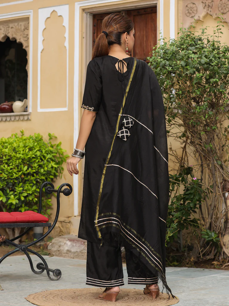 Black Silk Blend Palazzo Suit Set & Chanderi Dupatta