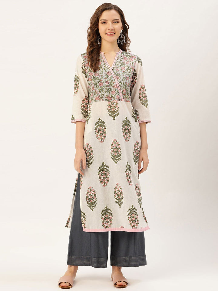 Off-White & Green Kantha Print Straight Kurta