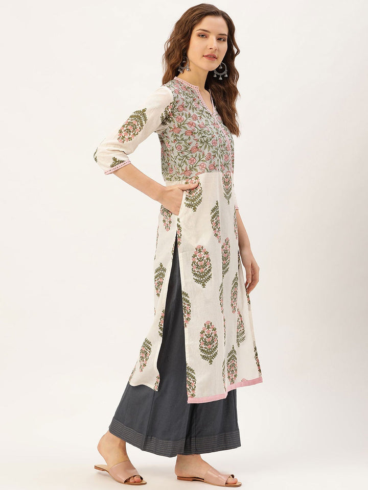 Off-White & Green Kantha Print Straight Kurta