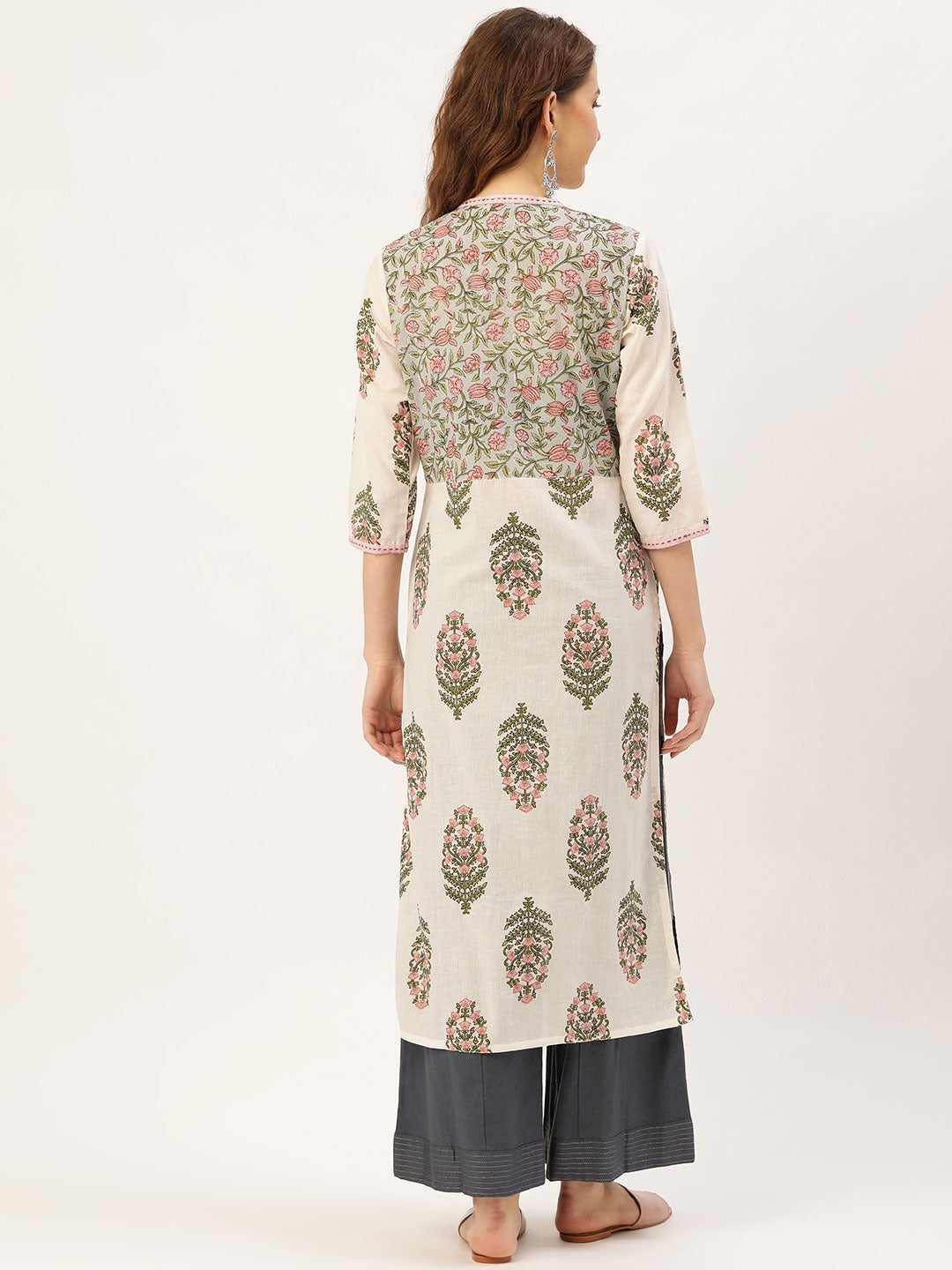 Off-White & Green Kantha Print Straight Kurta