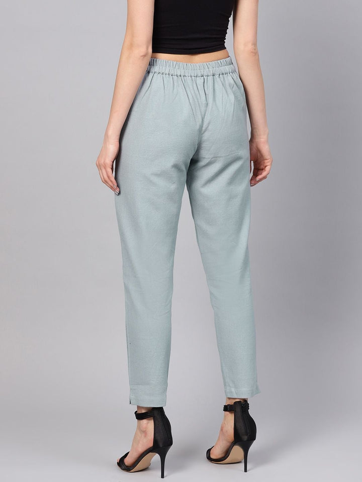 Solid Gray Cotton Mid-Rise Cropped Trousers