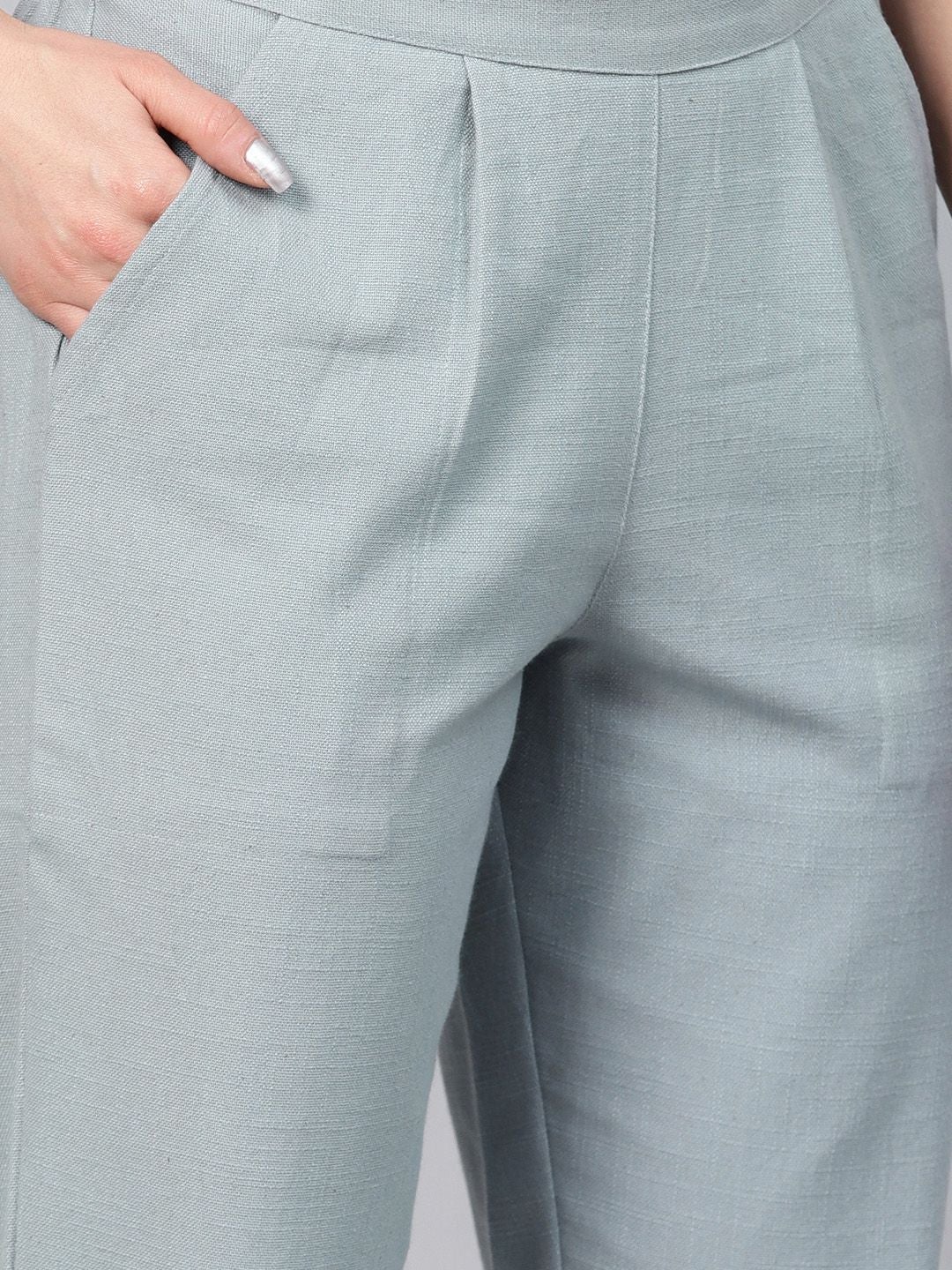 Solid Gray Cotton Mid-Rise Cropped Trousers