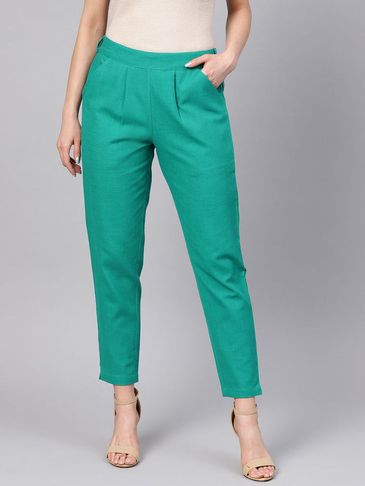 Aqua Green Cotton Slub Straight Trousers