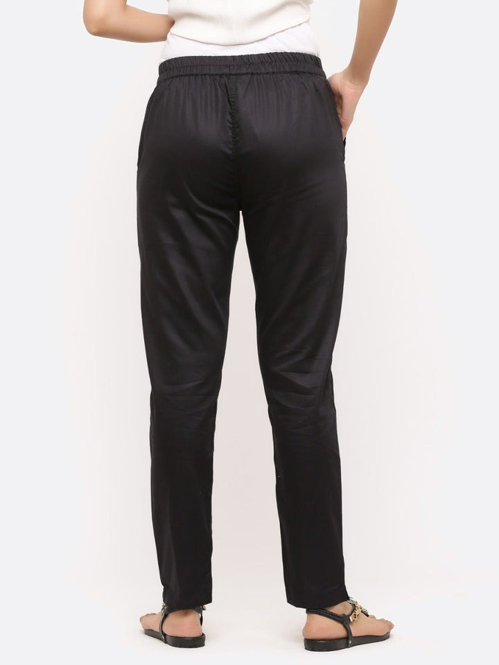 True Black Solid Cotton Lycra Pleated Pants