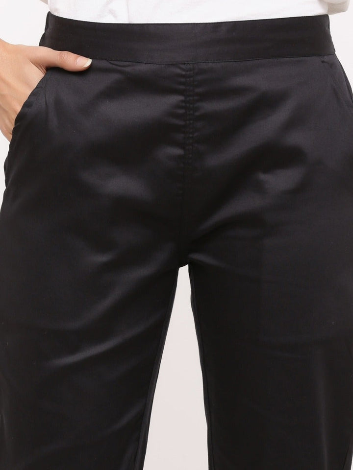 True Black Solid Cotton Lycra Pleated Pants