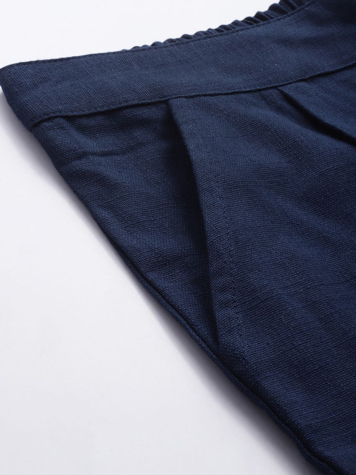 Navy Blue Solid Cotton Slub Casual Trousers