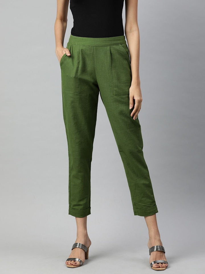 Olive Green Rayon Solid Straight Fit Trousers