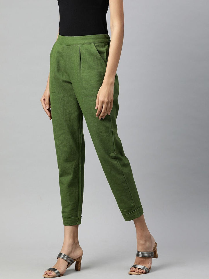 Olive Green Rayon Solid Straight Fit Trousers