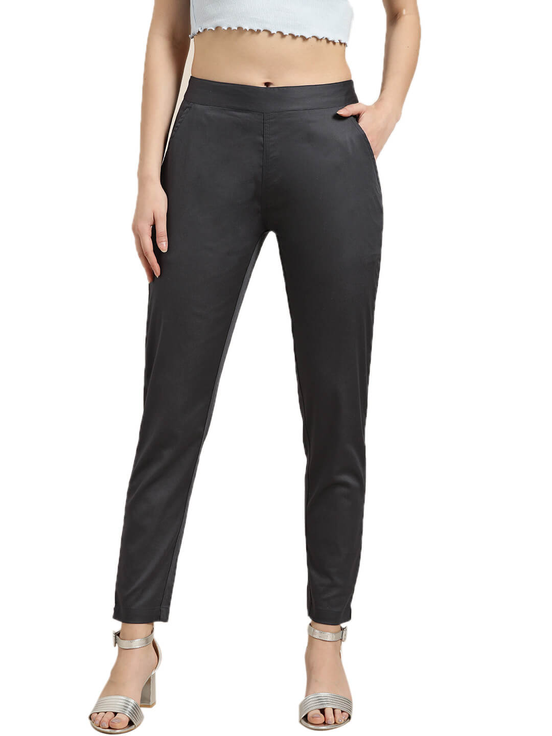 Charcoal Grey Solid Cotton Lycra Pleated Pants