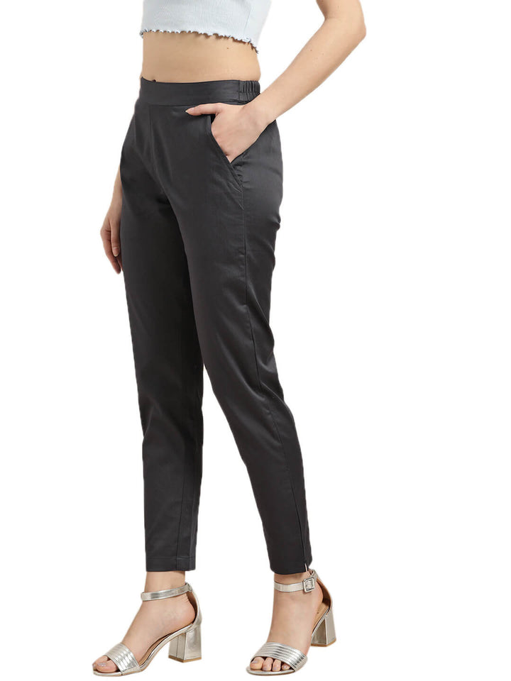 Charcoal Grey Solid Cotton Lycra Pleated Pants