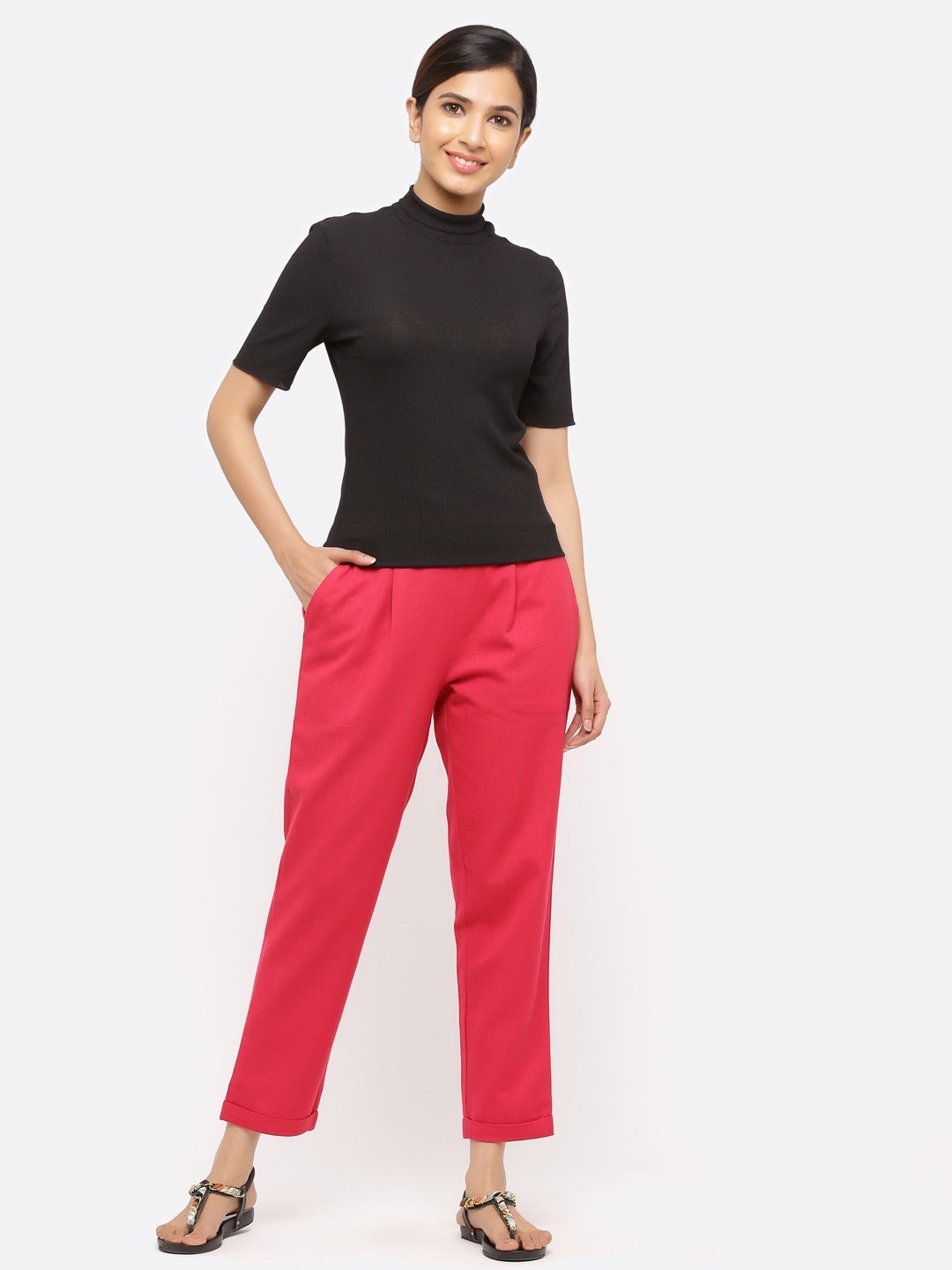 Rani Pink Solid Cotton Slub Pants