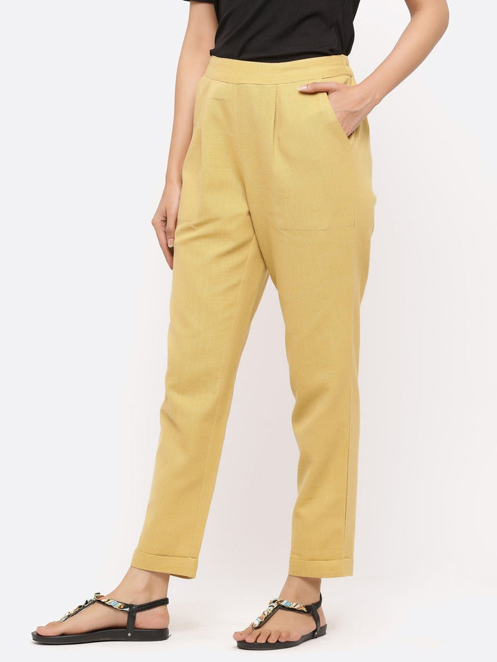 Beige Cotton Slub Bottom Fold Trousers