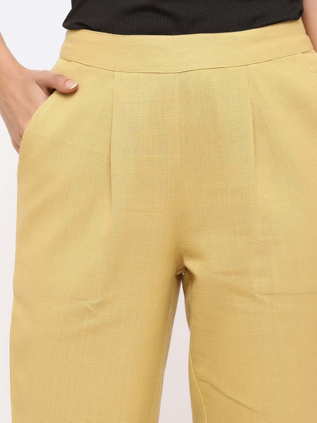 Beige Cotton Slub Bottom Fold Trousers