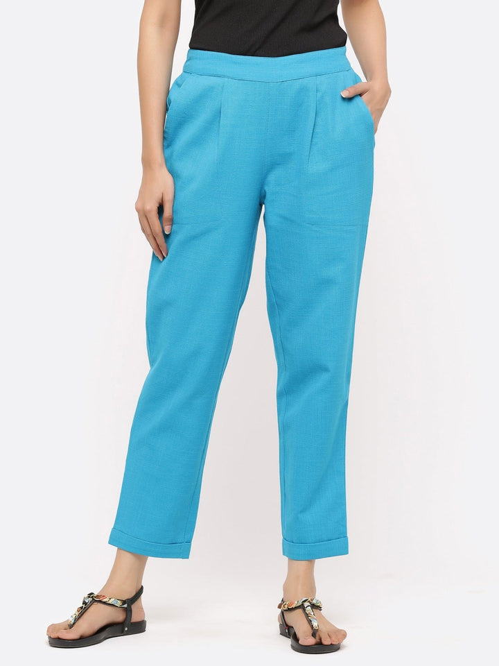 Turquoise Blue Cotton Bottom Fold Trousers