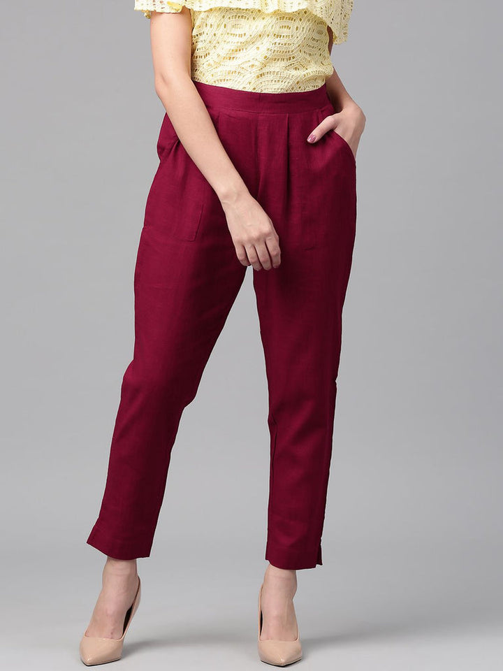 Maroon Solid Cotton Slub Regular Fit Trousers