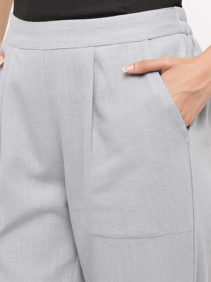 Light Gray Solid Cotton Slub Casual Pants