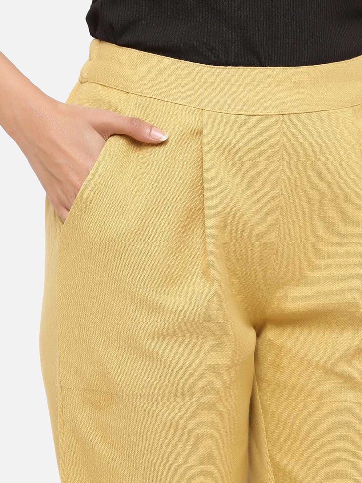 Flaxen Beige Solid Cotton Slub Casual Pants