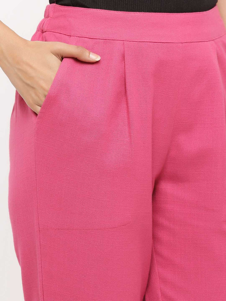 Light Magenta Solid Cotton Slub Pants