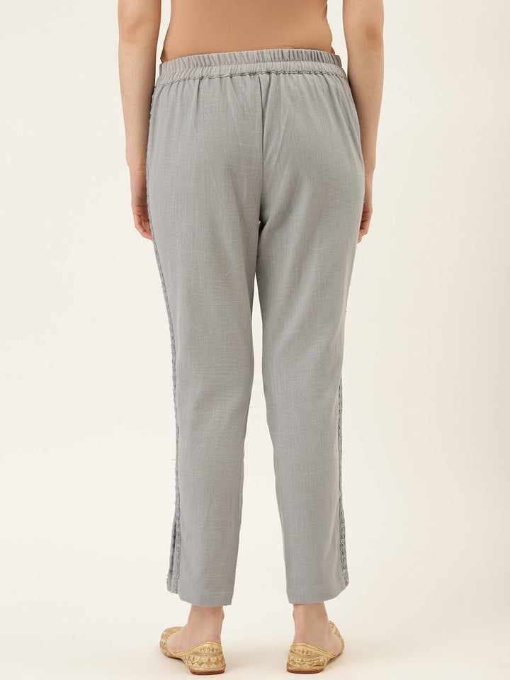 Grey Cotton Slub Ethnic Pleated Pants