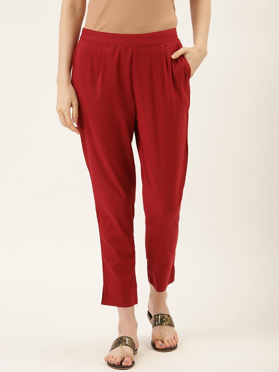 Maroon Cotton Cambric Pleated Pants