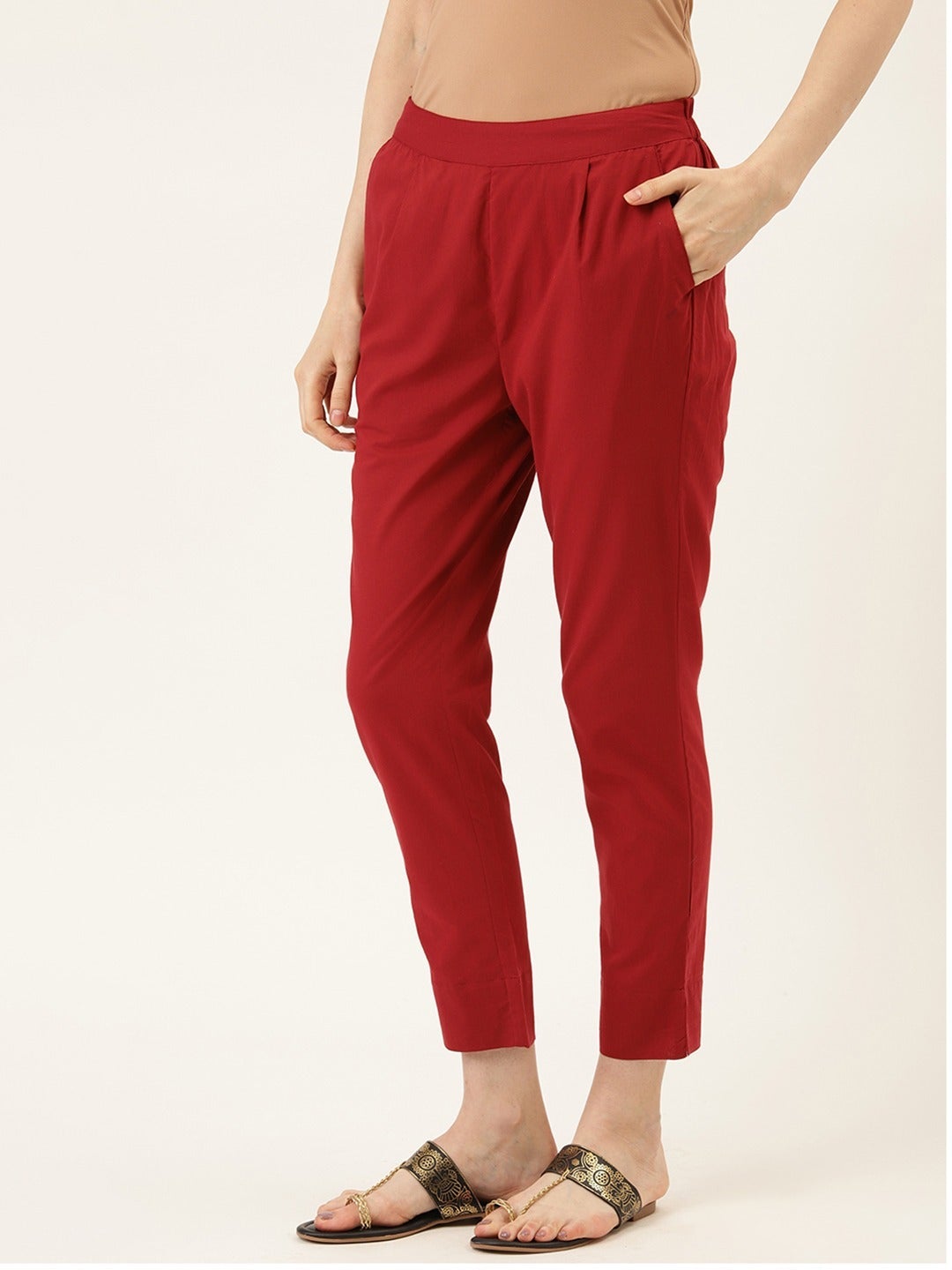 Maroon Cotton Cambric Pleated Pants