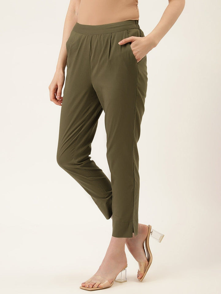 Olive Green Cotton Cambric Pleated Pants