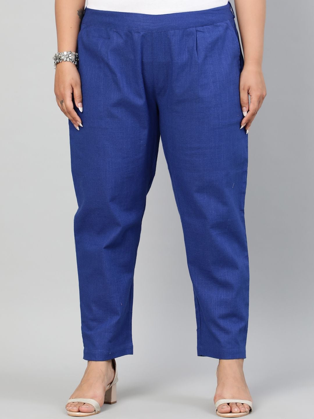Blue Ethnic Cotton Slub Pants in Pleat Detail