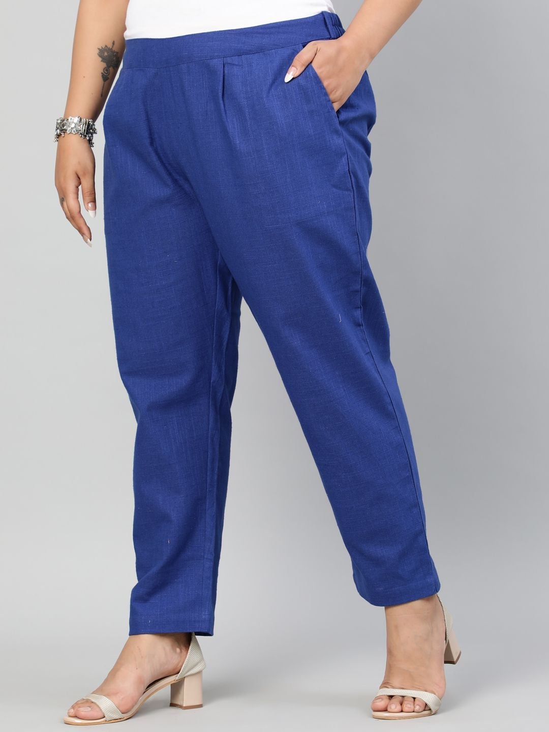 Blue Ethnic Cotton Slub Pants in Pleat Detail