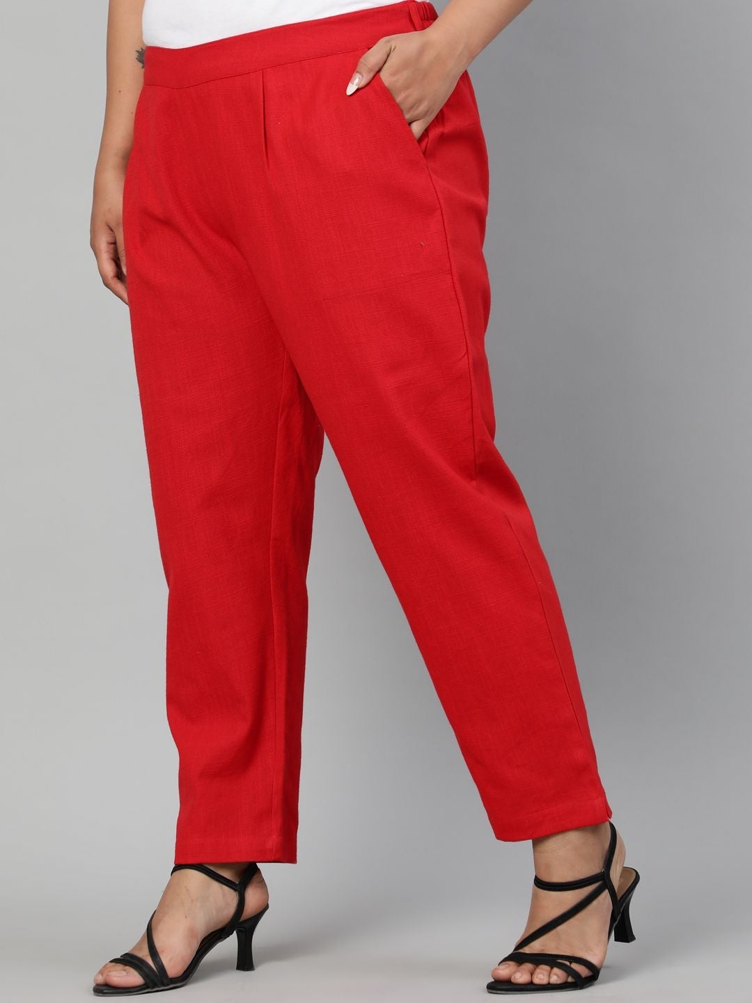 Red Ethnic Cotton Slub Pants in Pleat Detail