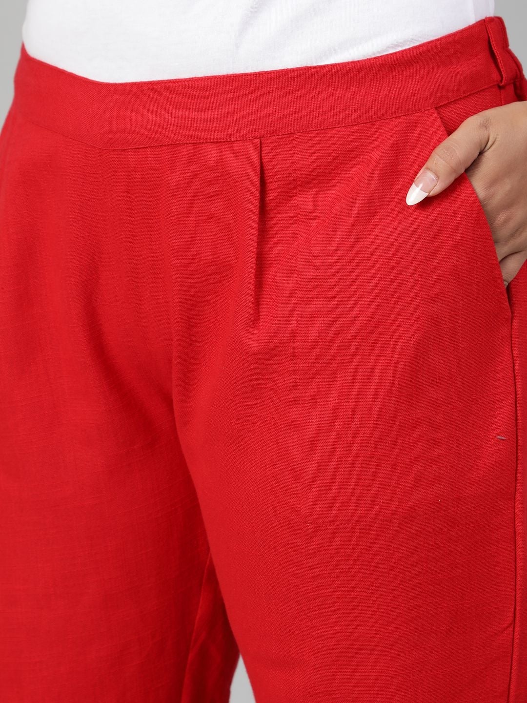 Red Ethnic Cotton Slub Pants in Pleat Detail