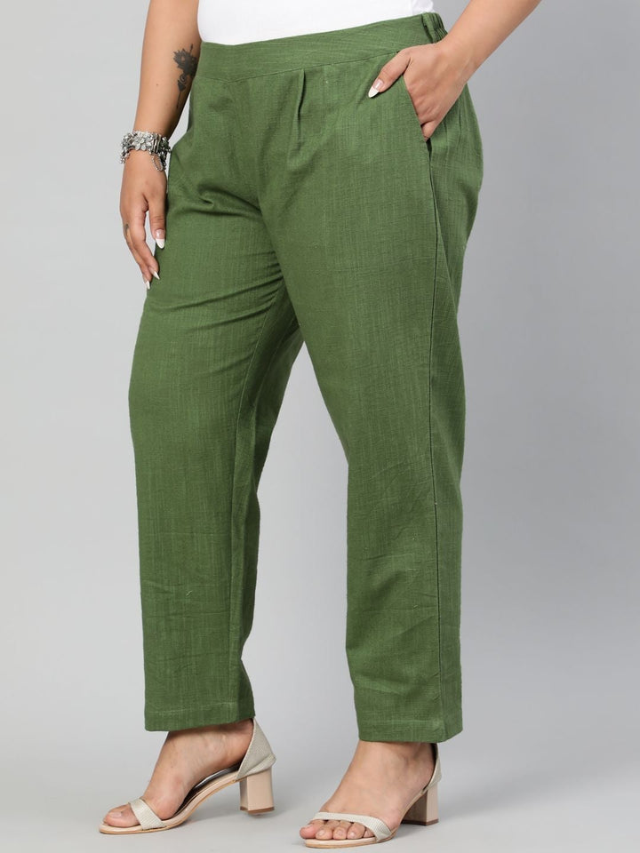 Olive Ethnic Cotton Slub Pants in Pleat Detail