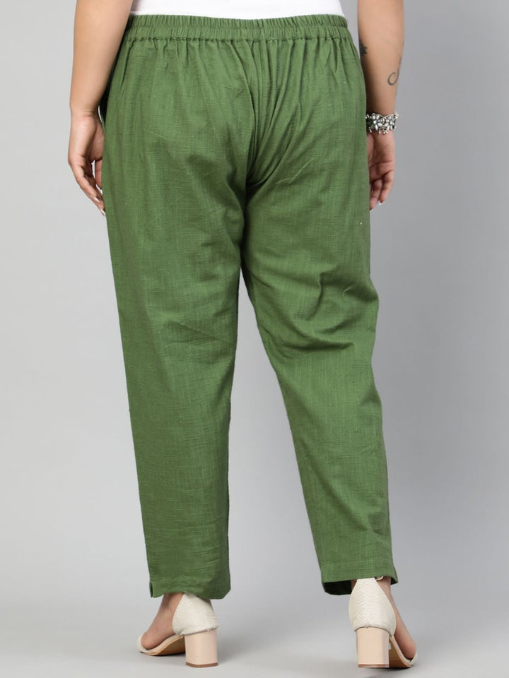 Olive Ethnic Cotton Slub Pants in Pleat Detail