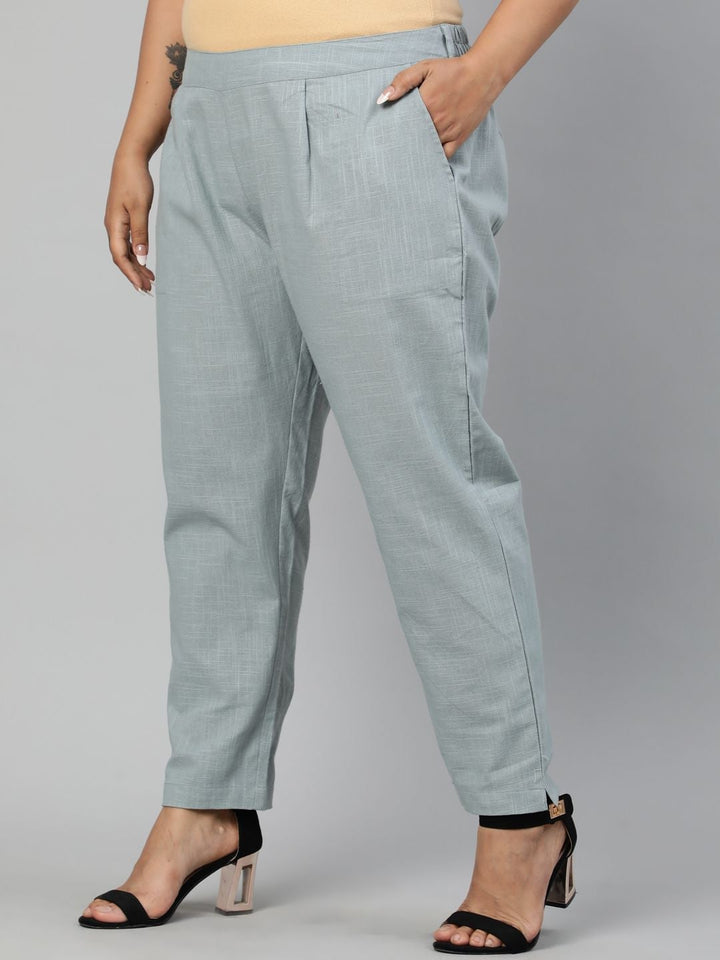 Grey Ethnic Cotton Slub Pants in Pleat Detail