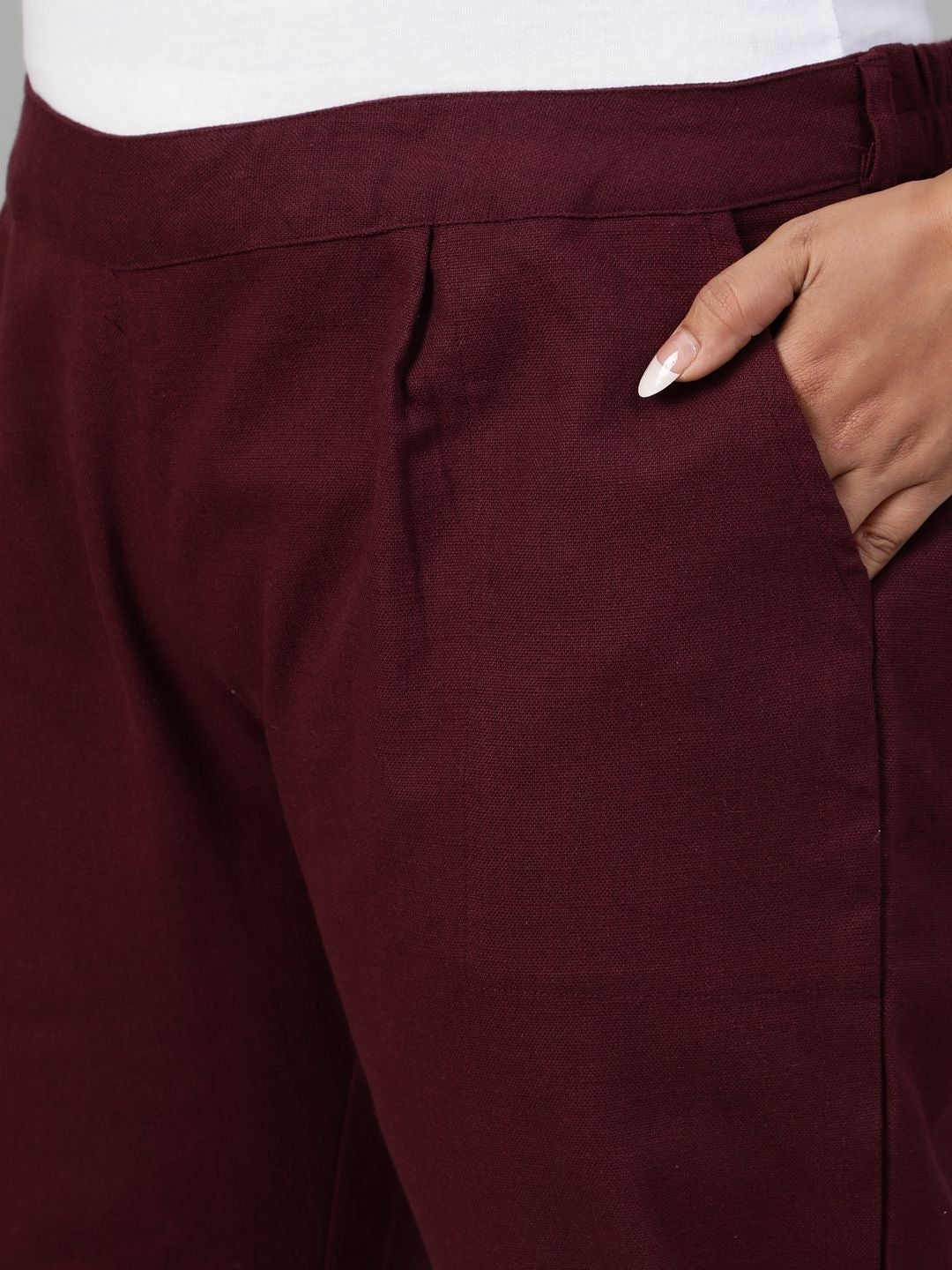 Burgundy Ethnic Cotton Slub Pants in Pleat Detail