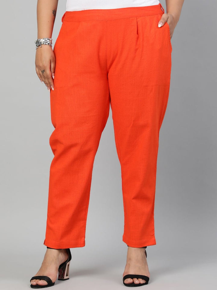 Orange Ethnic Cotton Slub Pants in Pleat Detail