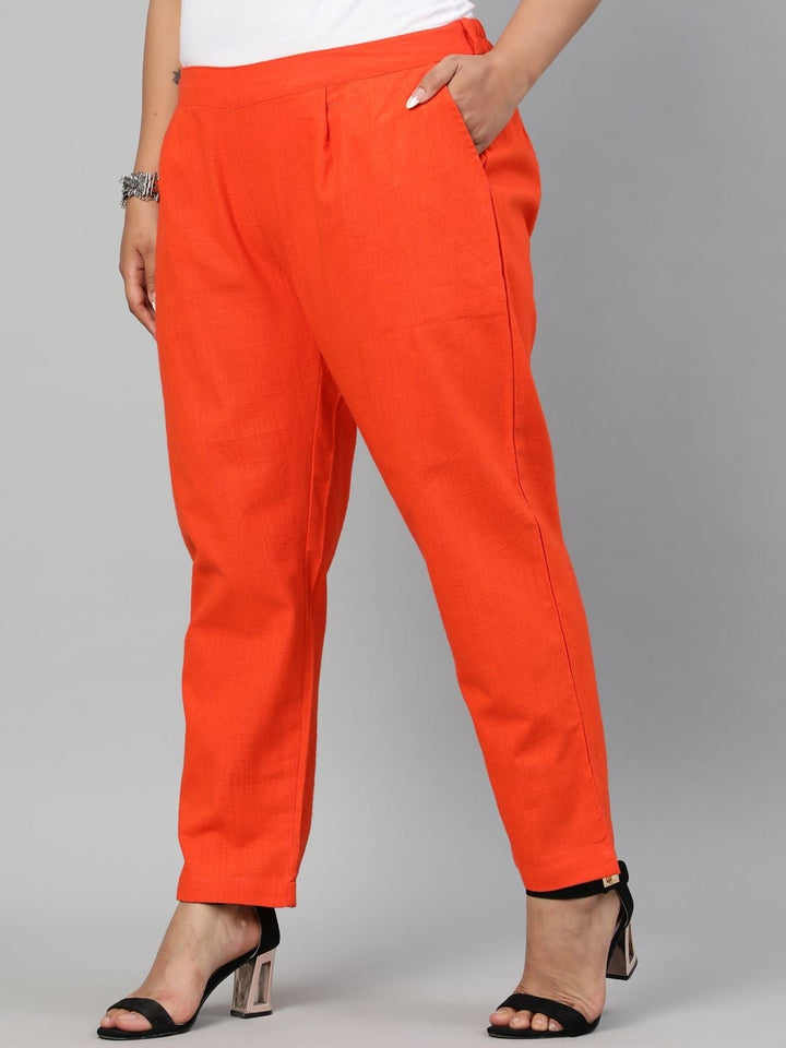 Orange Ethnic Cotton Slub Pants in Pleat Detail