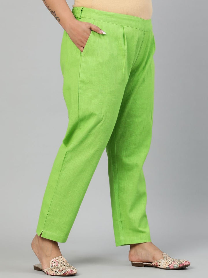 Parrot Green Cotton Slub Pants in Pleat Detail