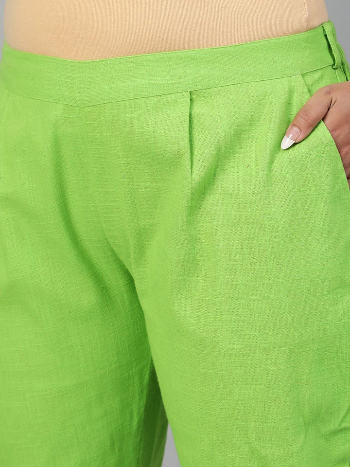 Parrot Green Cotton Slub Pants in Pleat Detail