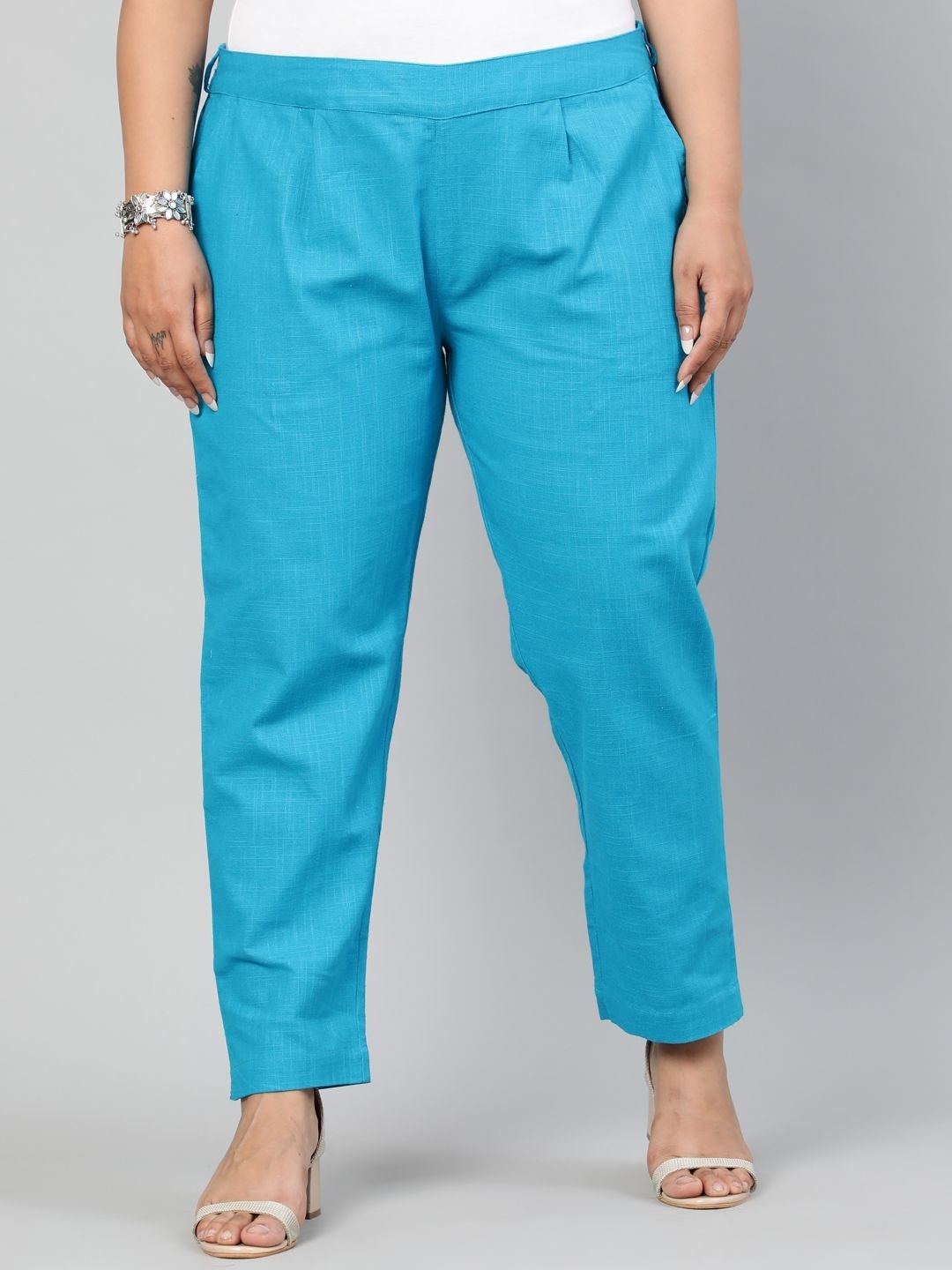 Turquoise Cotton Slub Pants in Pleat Detail