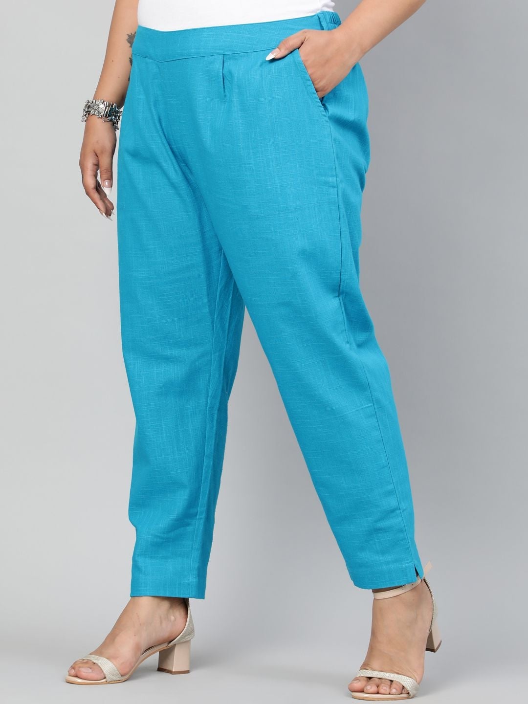 Turquoise Cotton Slub Pants in Pleat Detail
