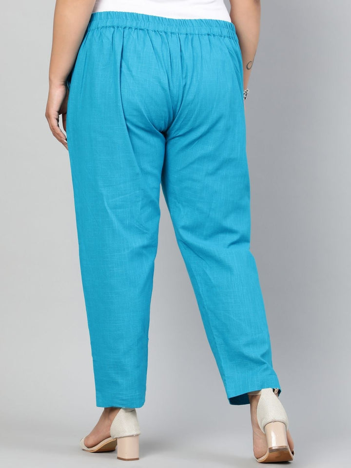 Turquoise Cotton Slub Pants in Pleat Detail