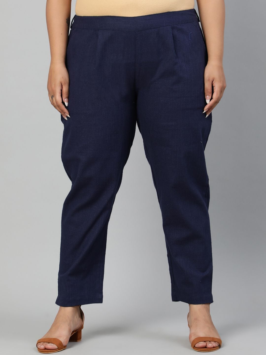 Navy Blue Cotton Slub Pants in Pleat Detail