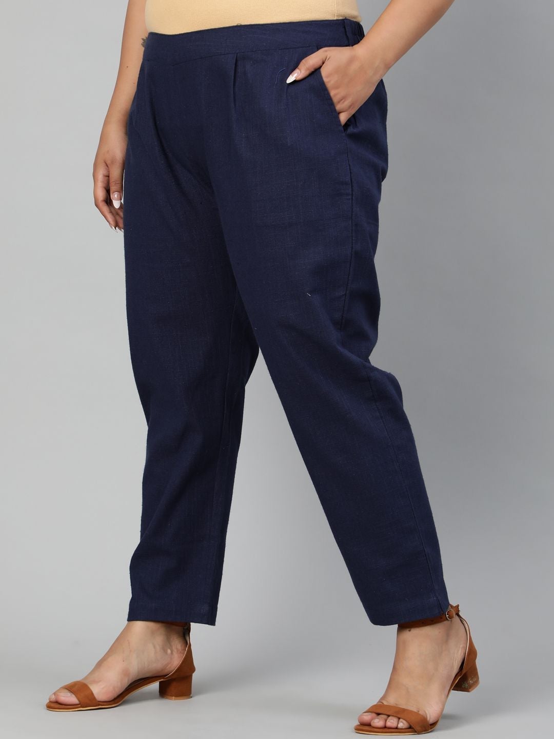 Navy Blue Cotton Slub Pants in Pleat Detail