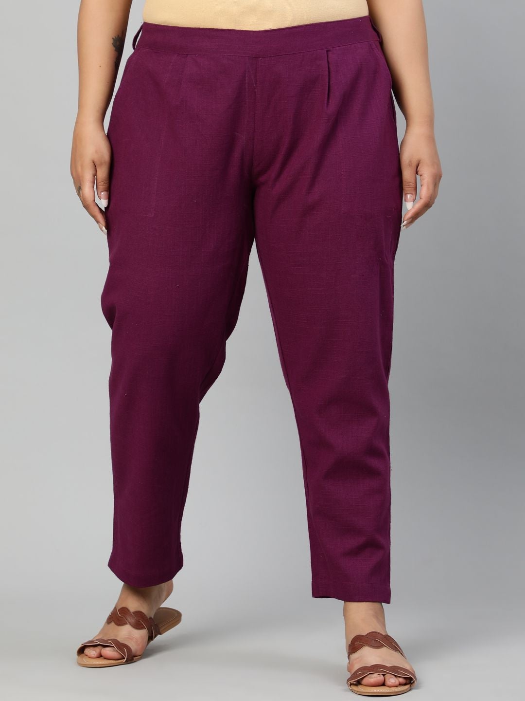 Purple Ethnic Cotton Slub Pants in Pleat Detail