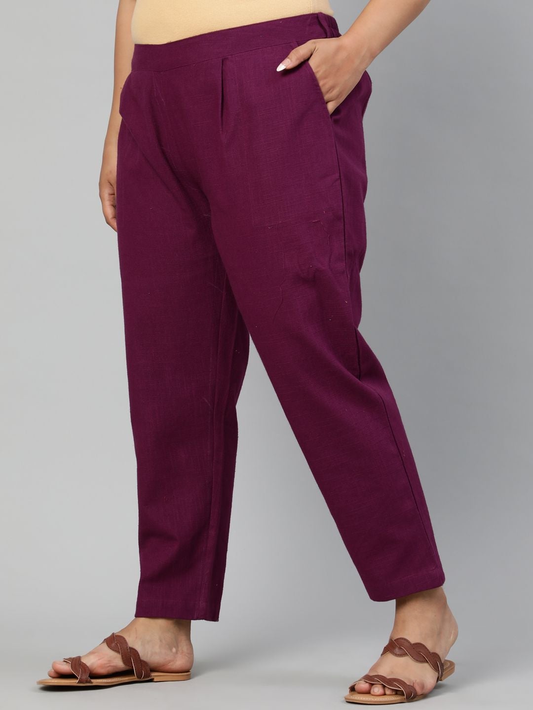 Purple Ethnic Cotton Slub Pants in Pleat Detail