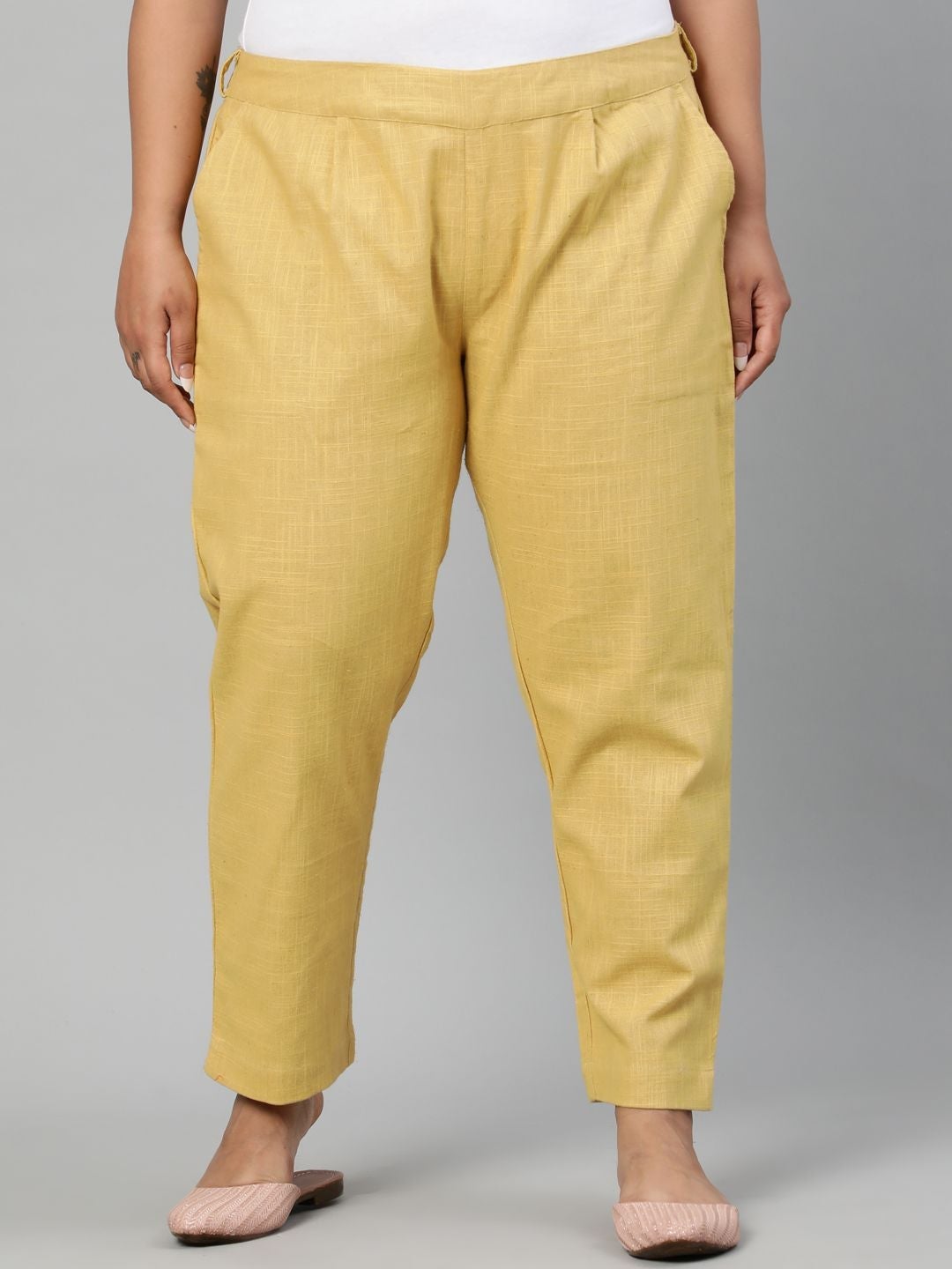 Beige Ethnic Cotton Slub Pants in Pleat Detail