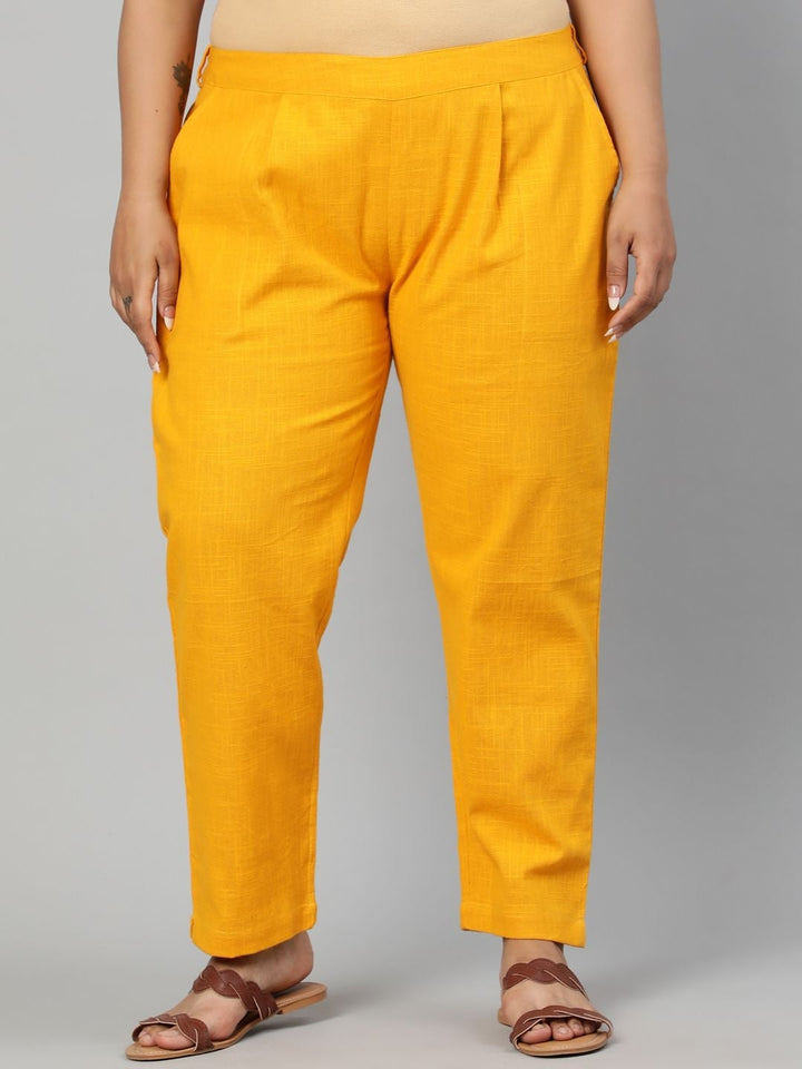 Mustard Cotton Slub Pants in Pleat Detail